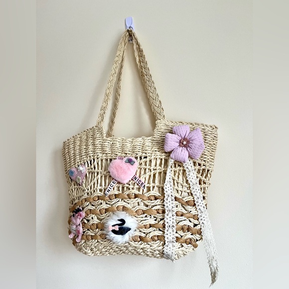 Woven Tote Bag with Flower Charm - Picture 4 of 9